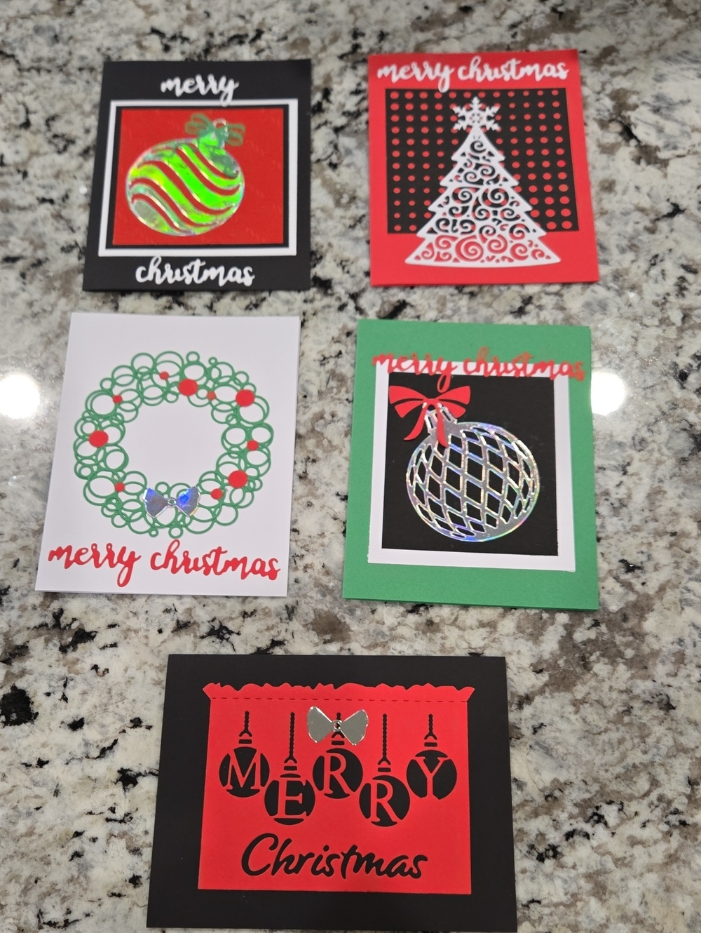 Hand Crafted Holiday Merry Christmas Card Set Of 5 - Red, Green, Black, White